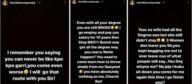 “You’re Worse Than Kpokpogarri”- Nkechi Blessing claps back at ex-lover, Falegan for tagging her a smoker and and illiterate