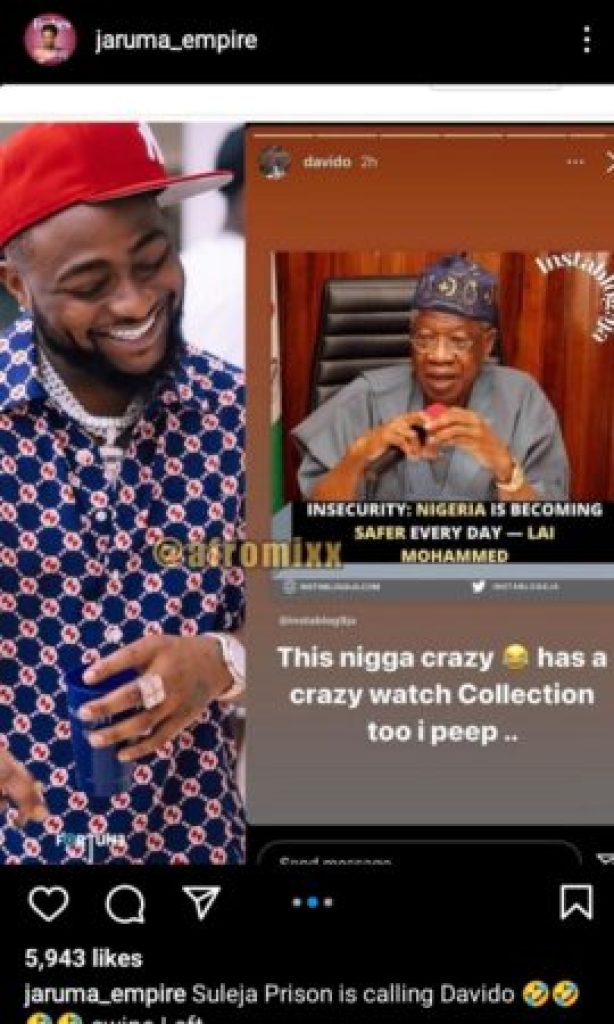 “Suleja Prison Is Calling Davido” – Jaruma Reveals In Cryptic Post About Federal Government