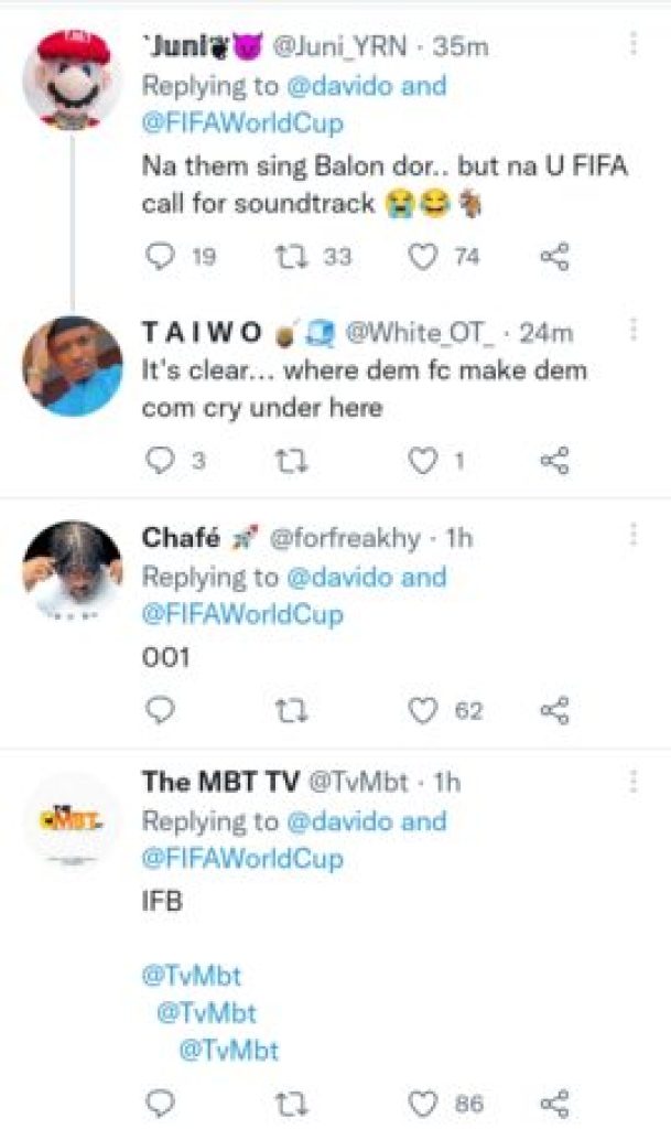 “Na them sing Ballon d’Or, but na you FIFA call for soundtrack” – Fans clash yet again as Davido features on FIFA 2022 World Cup soundtrack