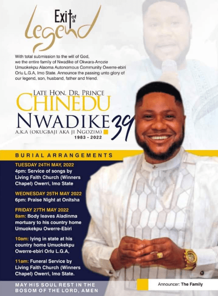 Family Announces Burial Arrangements/Date of Chinedu Nwadike