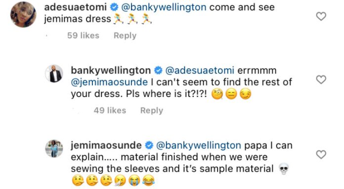 “Where Is The Rest Of Your Dress?”– Banky W, Adesua Etomi Questions Jemima Osunde Outfit