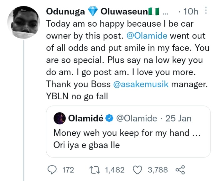 Rapper Olamide makes a man a car owner after slamming him for begging