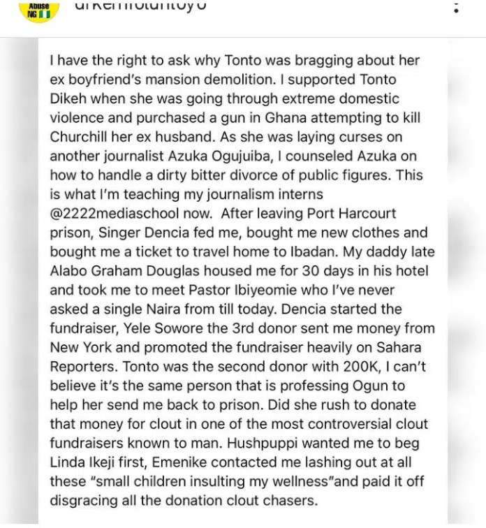“She bought a gun to k!ll her ex, Olakunle Churchill”- Kemi Olunloyo drops more bombshell about Tonto Dikeh