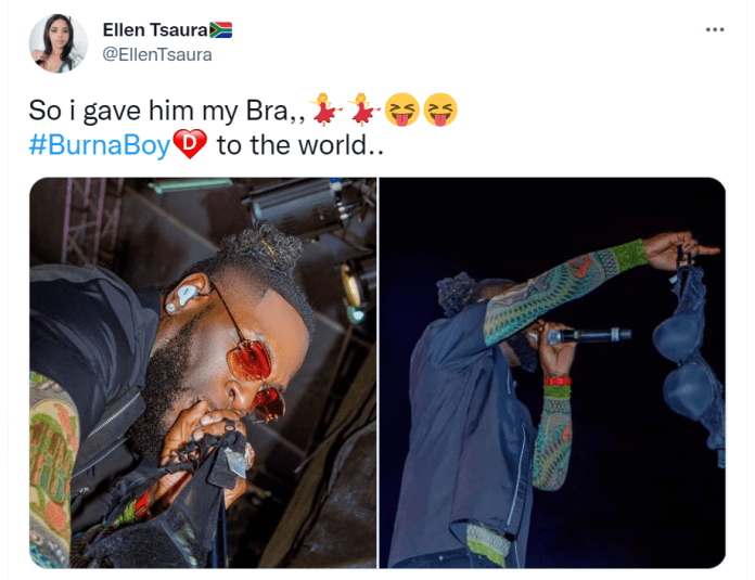 Lady proudly announces that she gave Burna Boy her bra, shares photos of him holding it