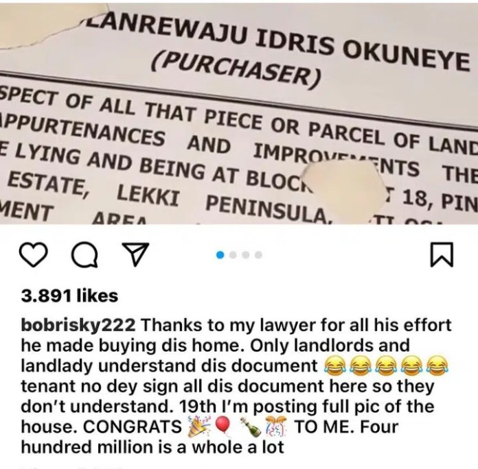“Go school go school, Idris said No”-Bobrisky ridiculed as he flaunts doctored proof of ownership of his N450 million house [Photos]