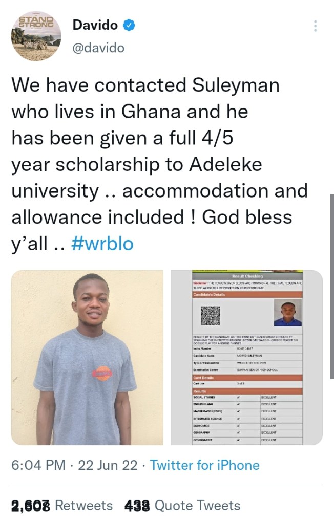 Davido awards 5 years scholarship and more to brilliant Ghanaian student, Morro Suleyman who scored A1 parallel in WAEC