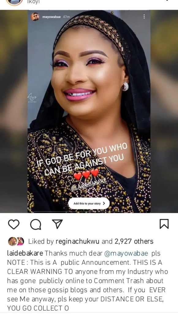 Laide Bakare fumes, issues out a warning to Tonto Dikeh and others