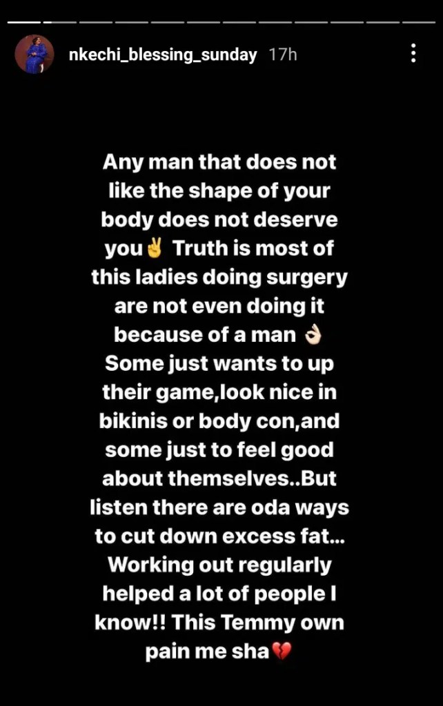 “Most ladies are not doing plastic surgery for men” – Nkechi Blessing reveals real reason women undergo BBL surgery