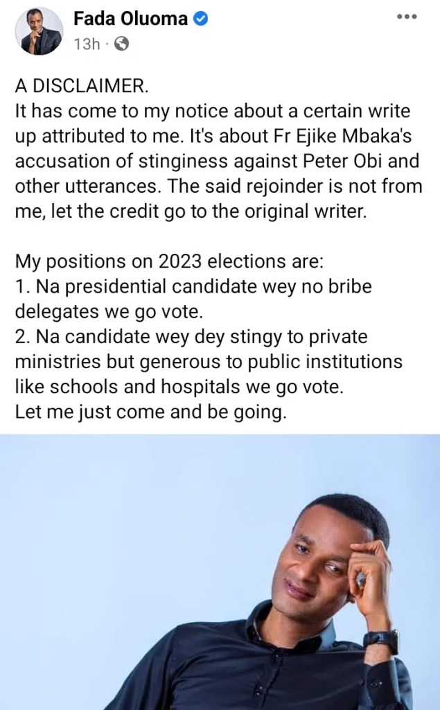 “Na candidate wey dey stingy to private ministries we go vote” – Fr. Oluoma slams Fr. Mbaka after he called Peter Obi stingy