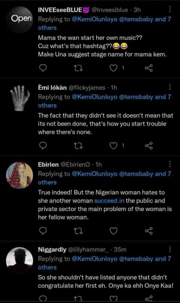 “But she no acknowledge you nau”- Kemi Olunloyo dragged over comment on Tems’ post