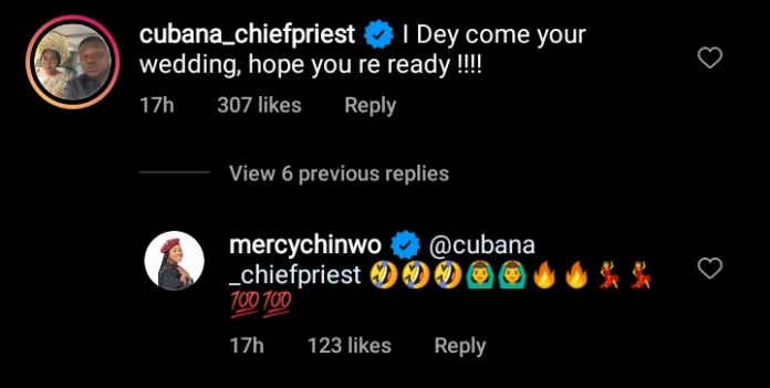 “I dey come your wedding, Hope you’re ready”- Cubana ChiefPreiest to Mercy Chinwo; She reacts