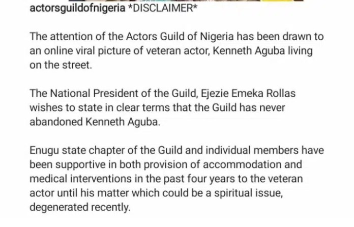 “His matter could be a spiritual case” -Actors Guild of Nigeria issues out a disclaimer over Kenneth Aguba’s homelessness