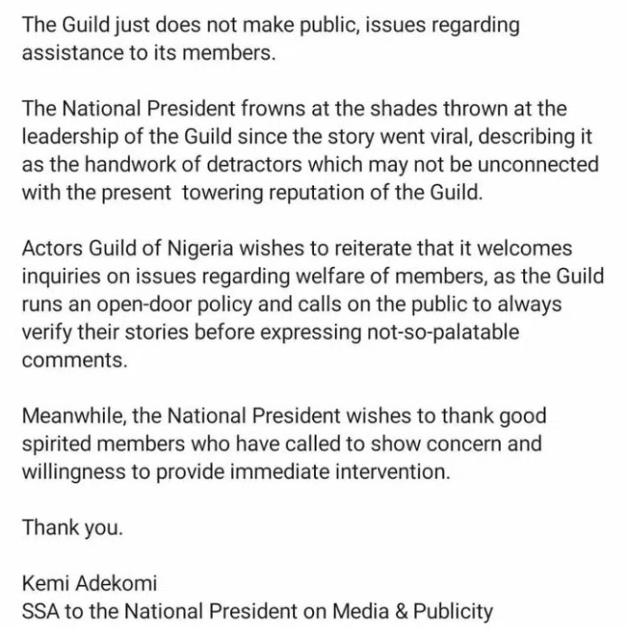 “His matter could be a spiritual case” -Actors Guild of Nigeria issues out a disclaimer over Kenneth Aguba’s homelessness