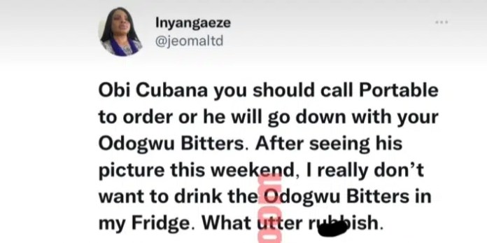 “You should call him to order or he will go down with your Odogwu Bitters”-Lady warns Obi Cubana over Portable’s recent outbursts