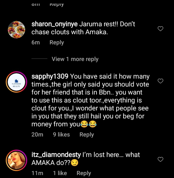 “Don’t chase clout with her”-Fans Drag Jaruma Over ‘Kanyamata’ Post On BBNaija’s Amaka After She Flaunted A Waist Bead [Video]