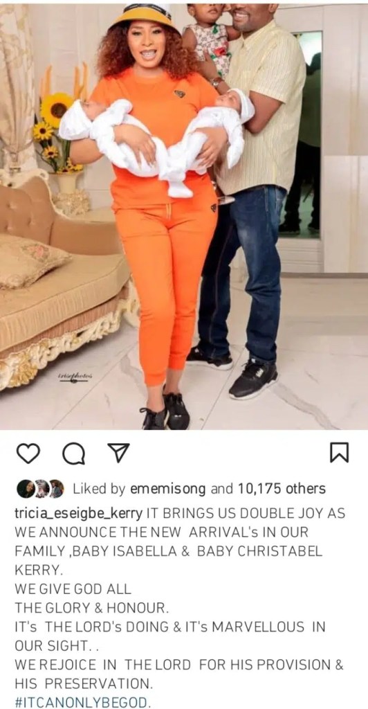 Jubilations as Actress Tricia Eseigbe Kerry welcomes twins