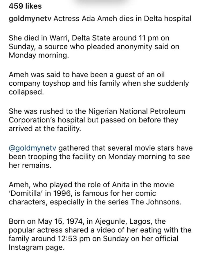 Nollywood Actress, Ada Ameh Reportedly Slumped and Died Last Night