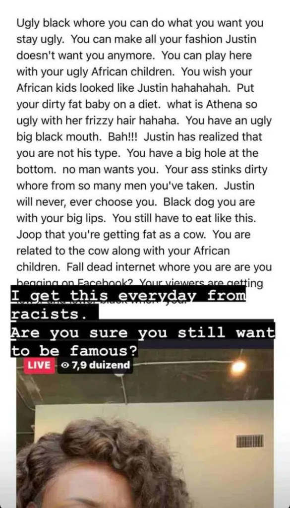 “Play with your ugly African children, Justin will never accept you”– Korra Obidi shares vile message she received from racist
