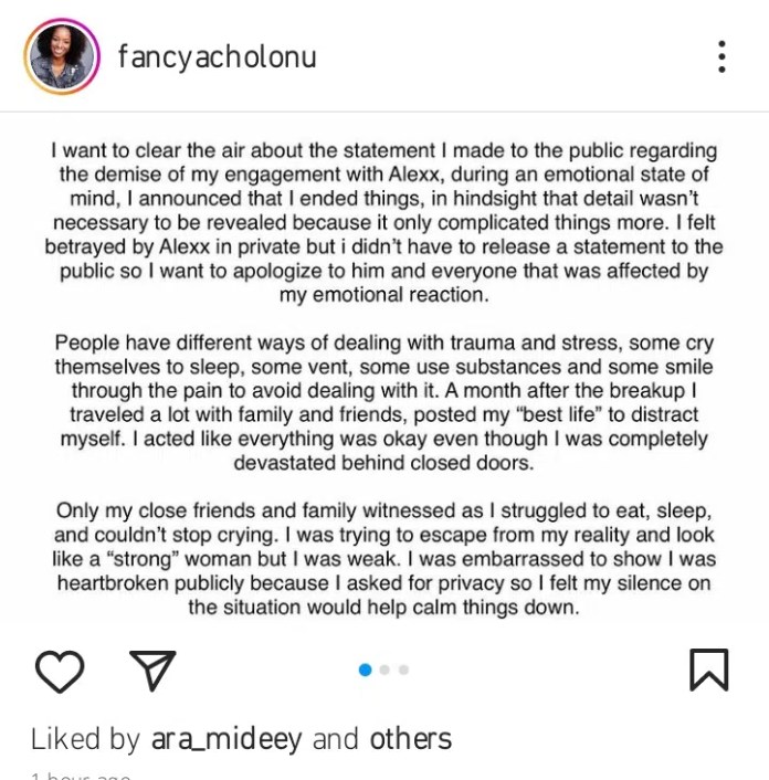 Fancy Acholonu sheds more light on her break up with Alex Ekubo, reveals how she was betrayed by him in private