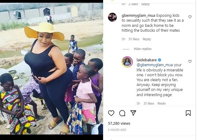 “Stop exposing children to sexuality”– Laide Bakare berated by make up artist for allowing kids play with her bum