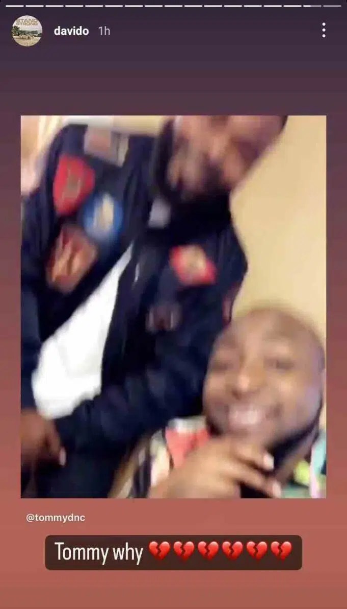 Davido in pain as he loses another close friend, Tommy
