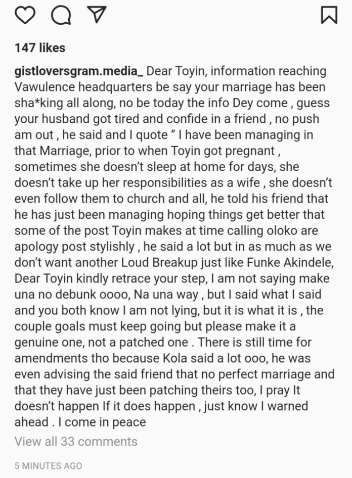 “She doesn’t sleep At Home nor Follow Me to Church, I’m Tired” – Kolawole Ajeyemi Reportedly Wants To End His Marriage to Toyin Abraham