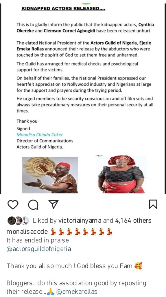 Netizens Jubilates over the release of kidnapped actors, Cynthia Okereke and Clemson Cornell