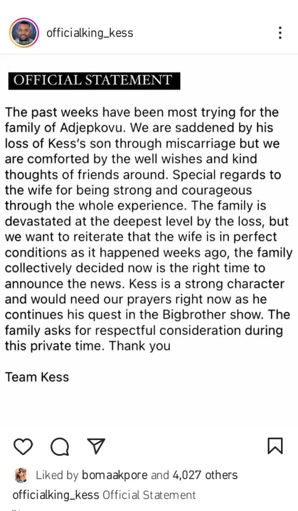 #BBNaijaS7: Kess’s management releases official statement following the loss of his Unborn son