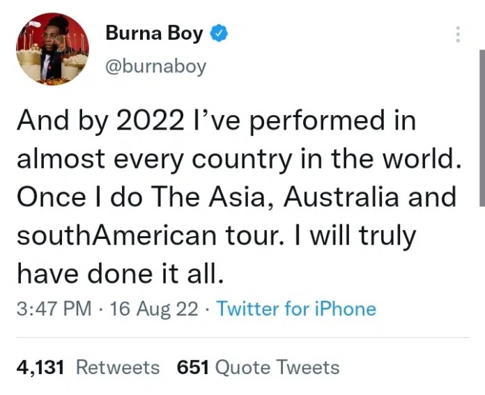 “I have performed in almost every country in the world” Burna Boy boasts