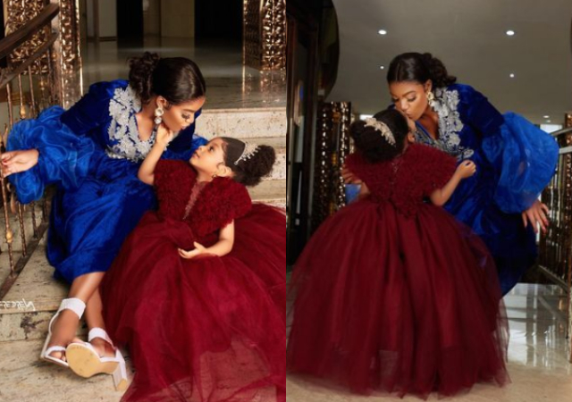 “Different shades of royalty”- Queen Nwokoye and daughter wows fans as they ‘twin’ in matching outfit [Photos]