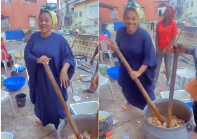 Mercy Aigbe assists older housewives to cook in her husband’s home (video)