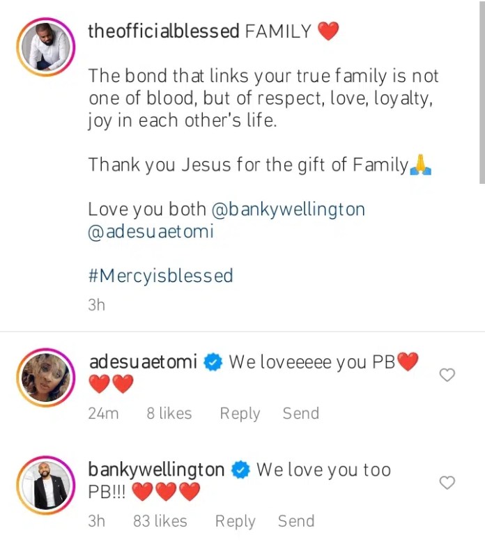 Mercy Chinwo’s husband, Pastor Blessed pens appreciation note to Banky W and Adesua Etomi