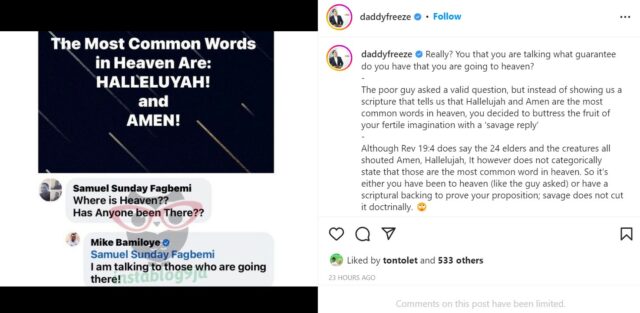 Daddy Freeze berates Mike Bamiloye over savage response to Facebook user who asked about heaven