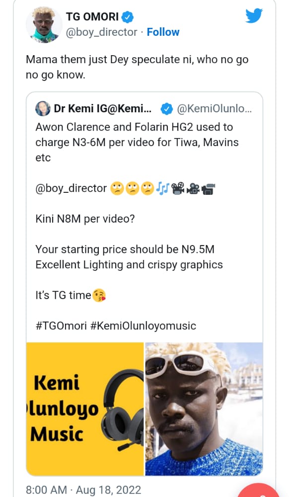 Video Director, TG Omori Reacts As Kemi Olunloyo Advises Him To Charge N9.5M Per Video