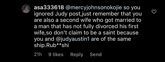 “Remeber you’re a second wife too” – Troll drags Mercy Johnson for acknowledging Yul Edochie’s birthday post and snubbing Judy’s post