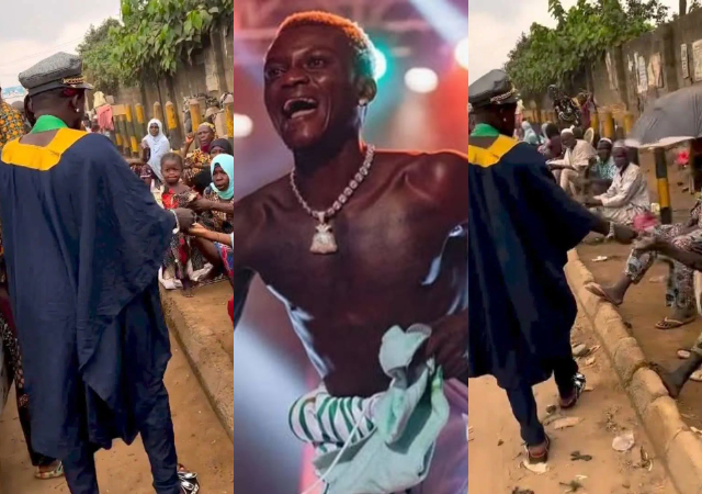 “Why the agbada come resemble matric gown abi nah”– Reactions as Portable hits the streets, shares money to roadside beggars [Video]