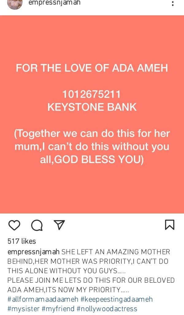 Empress Njamah Pleads With Nigerians To Raise Funds For Late Ada Ameh’s Mother
