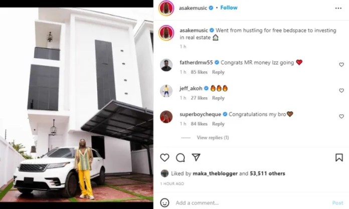 “I went from hustling for bedspace”– Asake writes as he acquires multi-million naira mansion