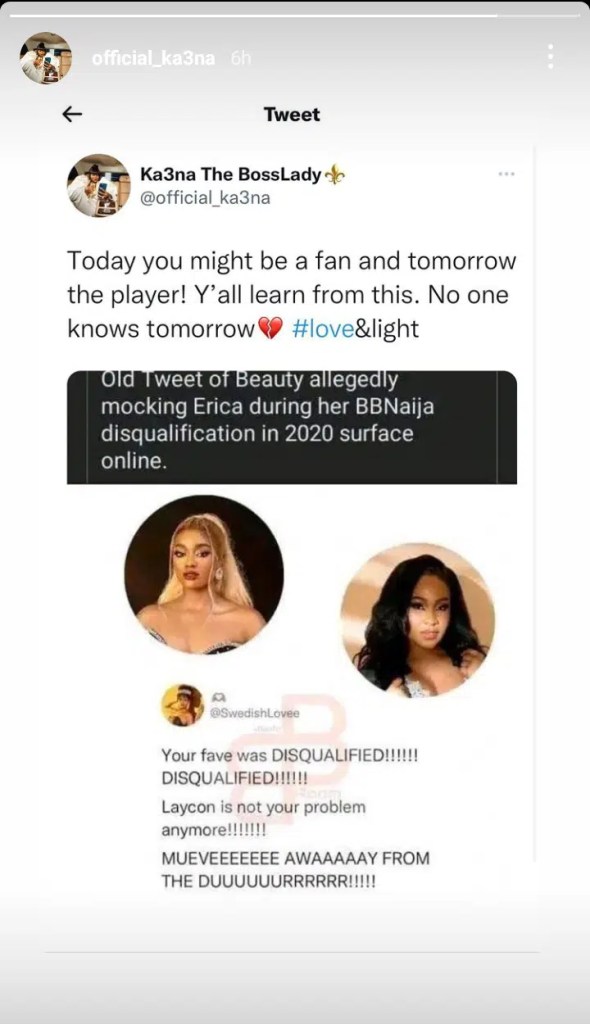 BBNaija’s Ka3na reacts to alleged old tweet of Beauty ridiculing Erica Nlewedim after she got disqualified