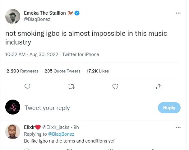 All Nigerians artiste smoke illegal drug — Rapper Blaqbonez alleges
