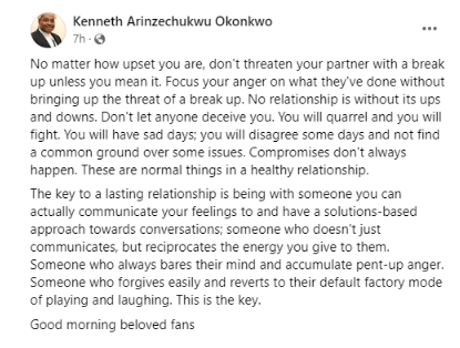 Don’t threaten your partner with break up unless you mean it – Actor Kenneth Okonkwo advices