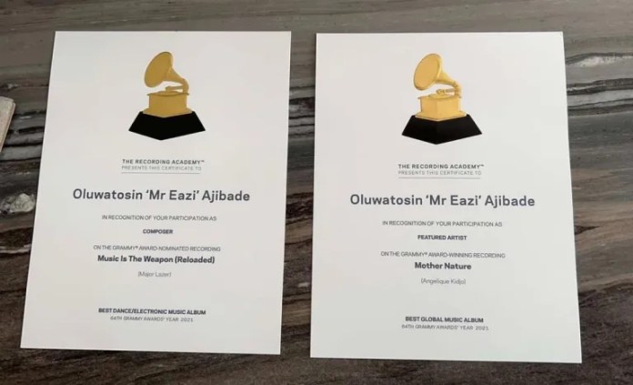 Singer, Mr Eazi gets two Grammy certifications [Photo]