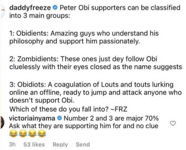 “70% of Peter Obi supporters are Zombidients and Obidiots” Victoria Inyama