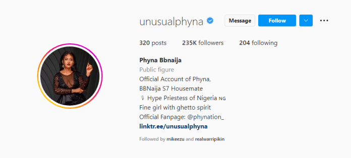 #BBNaija: Jubilations as Phyna bags Instagram verification
