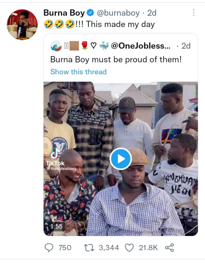 Cute Abiola leaves Burna boy rolling with laughter as he sings his songs in hilarious video