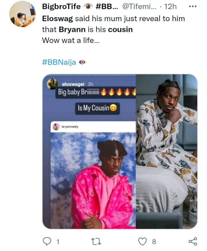 #BBNaija: Fans in shock as Eloswag discovers that Bryann is his cousin following exit from show