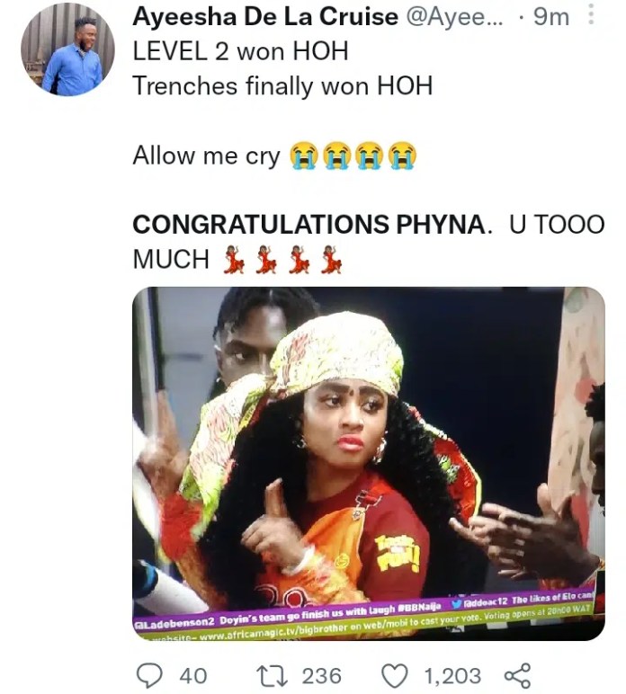 #BBNaija: “Trenches finally won” – Celebrations as Phyna emerges Head of House for week eight