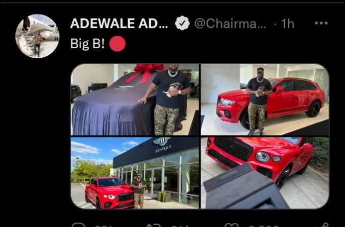 Adewale Adeleke’s wife celebrates as husband acquires custom-made Bentley Bentayga