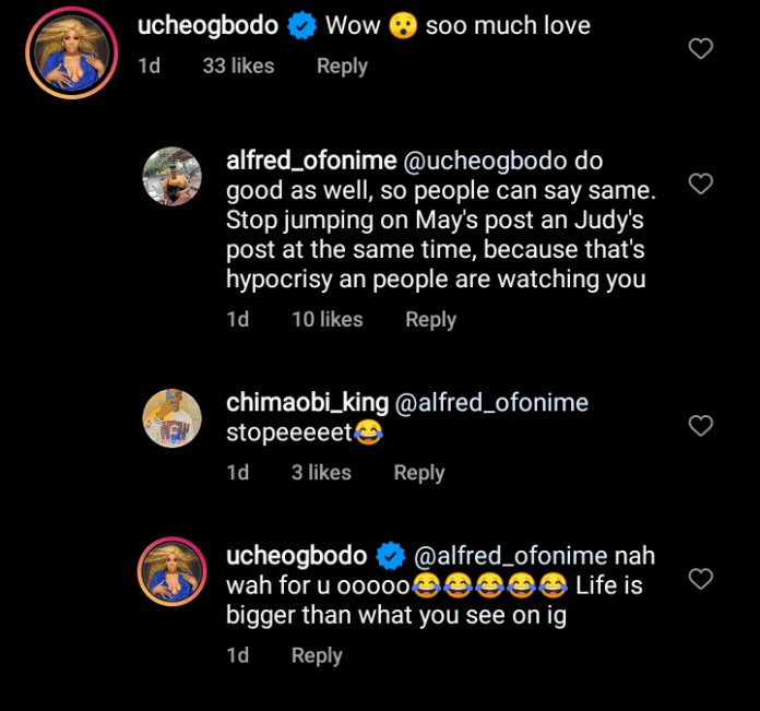 Uche Ogbodo claps back at troll who described her as a hypocrite for ‘jumping from May’s post to Judy’s post’