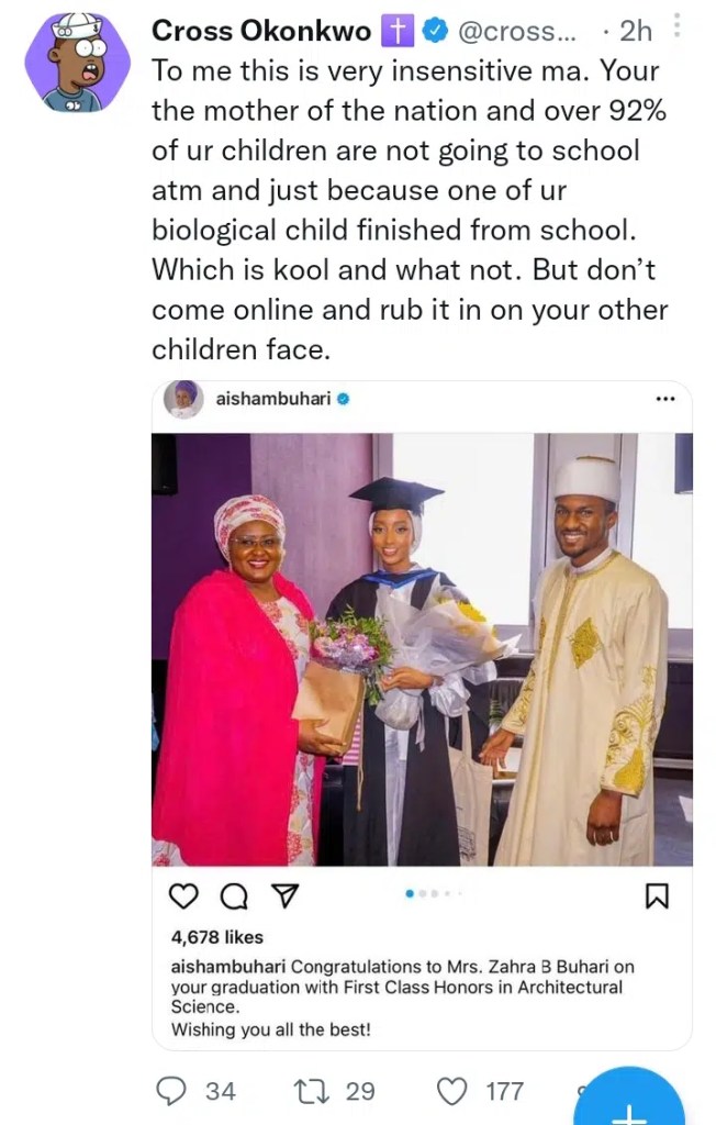 “This is very insensitive ma” – Cross lambastes Aisha Buhari for posting daughter-in-law’s graduation in UK despite prolonged ASUU strike